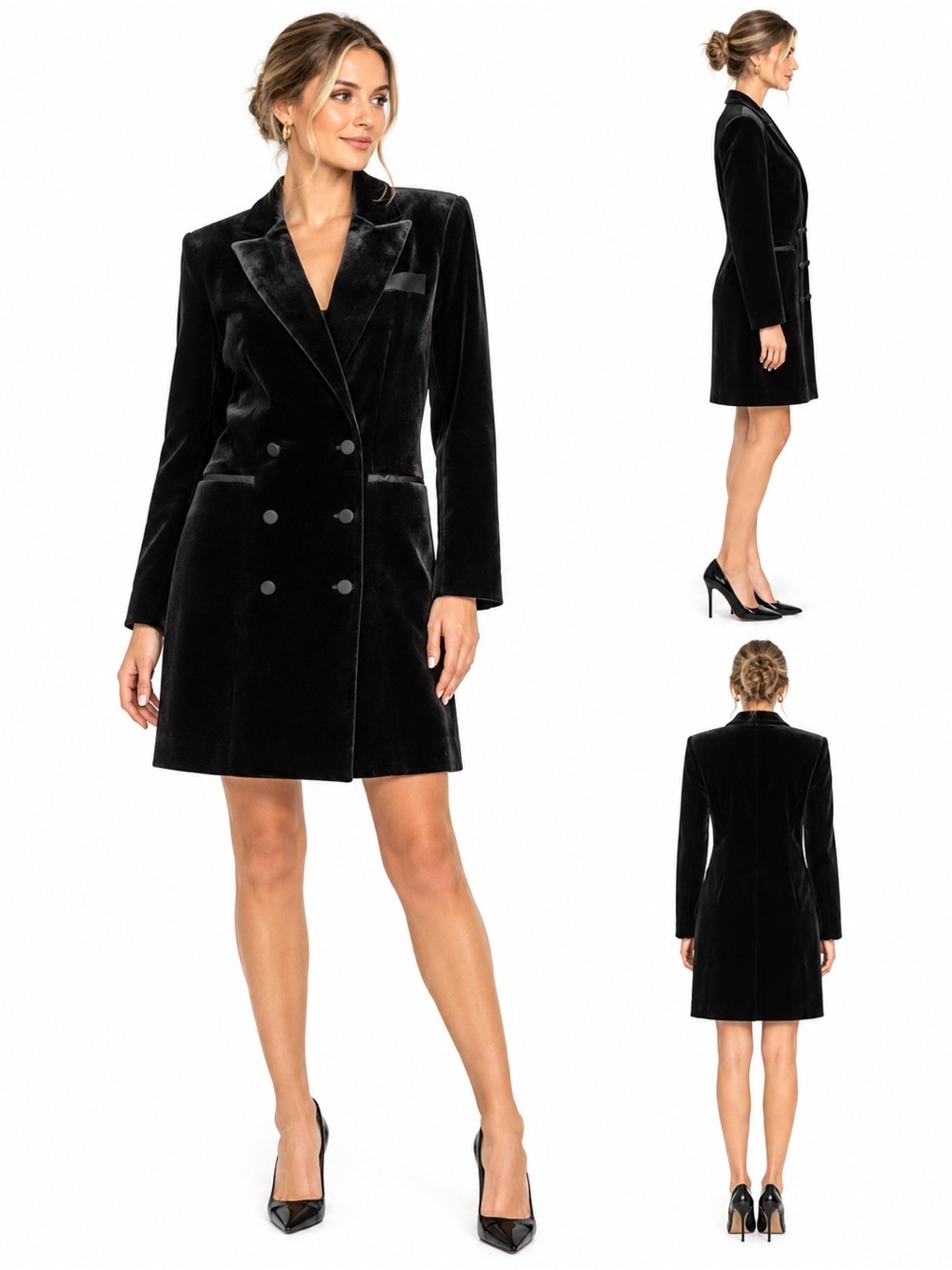 Express Velvet Double Breasted Padded Shoulder Mini Blazer Dress Black M